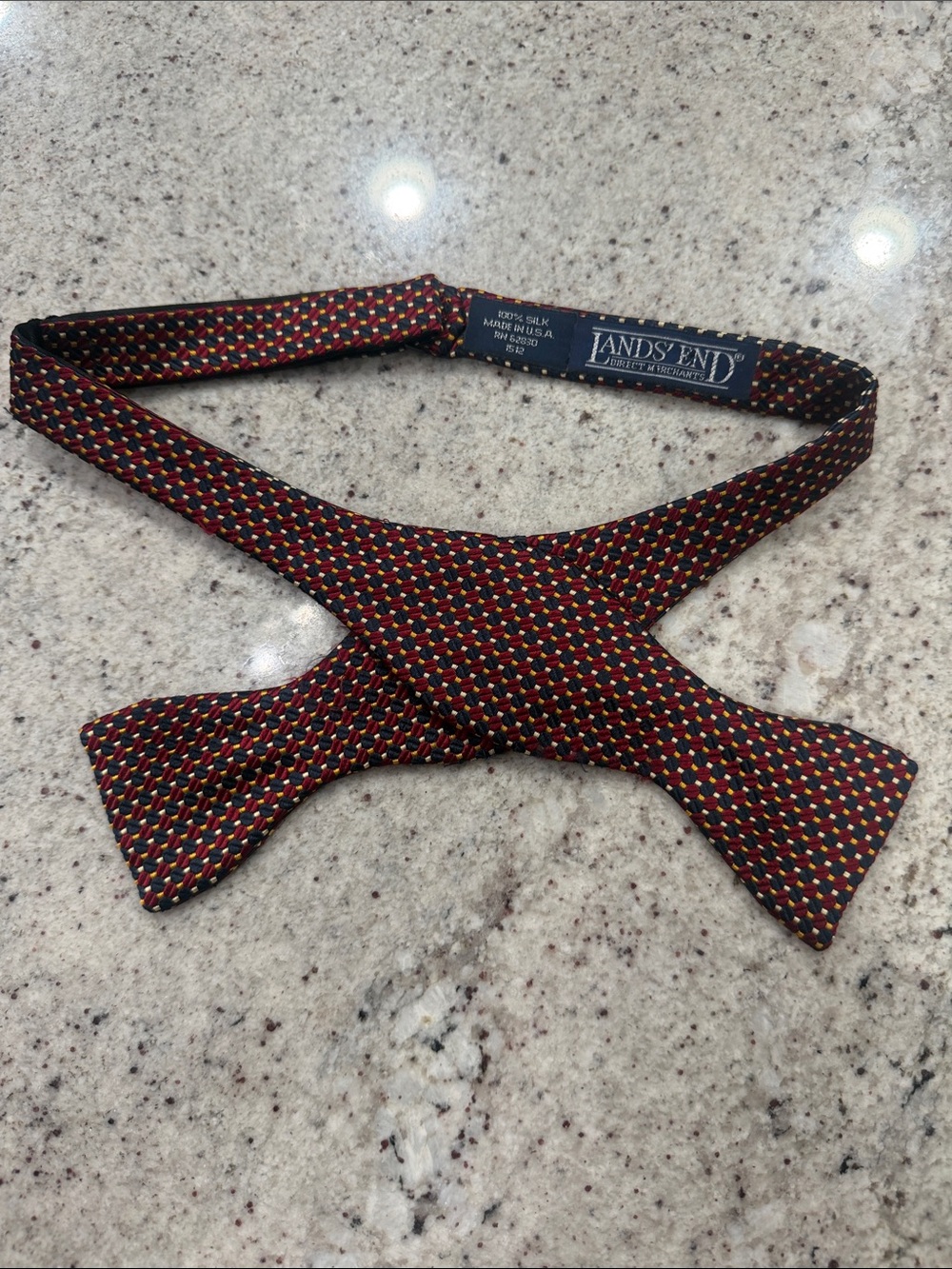 Mens Lands End Red Navy Blue Gold 100% Silk Adjustable Self Tie Neck Bow Tie
